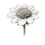 Black ink scientific illustration of Contra Costa goldfields (Lasthenia conjugens), showing a daisy-like flower head with rounded ray florets and a dense central disk.