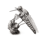 Black ink scientific illustration of a Delhi Sands flower-loving fly (Rhaphiomidas terminatus abdominalis), showing its large eyes, long proboscis, patterned abdomen, clear wings, and six legs.