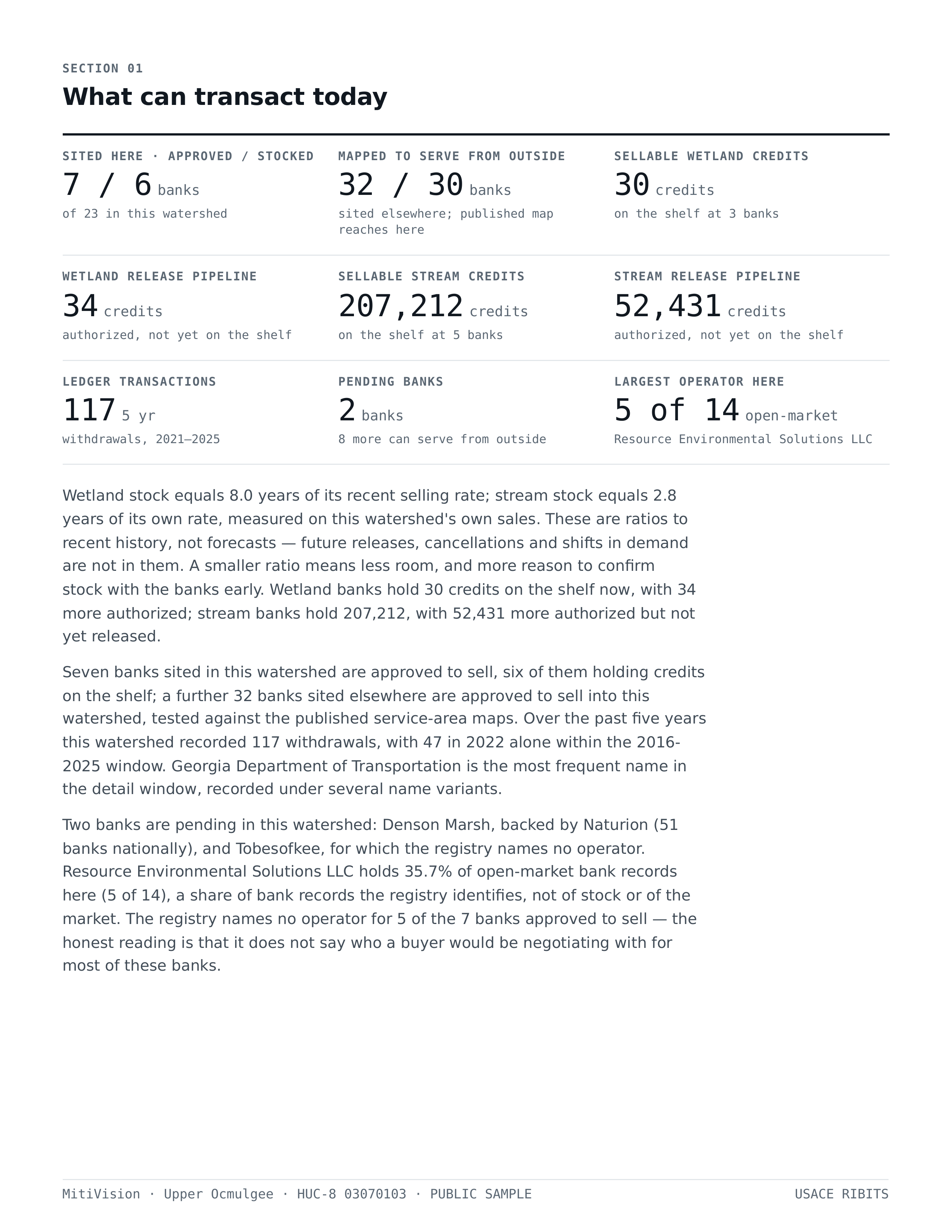 Page 3: Section 01, What can transact today — stat tiles for every credit class and the executive summary.